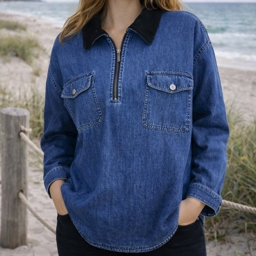 Talbots Blue Chambray Black Velvet Collar Long Sleeve  Zip Top XL